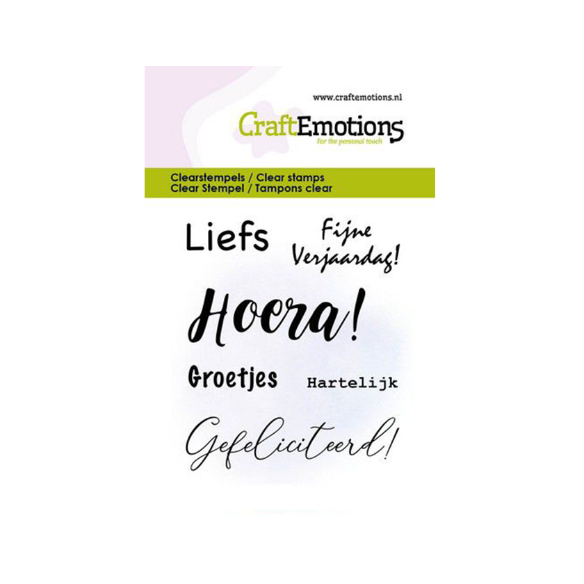 Craft emotions clear stamps tekst hoera, groetjes NL