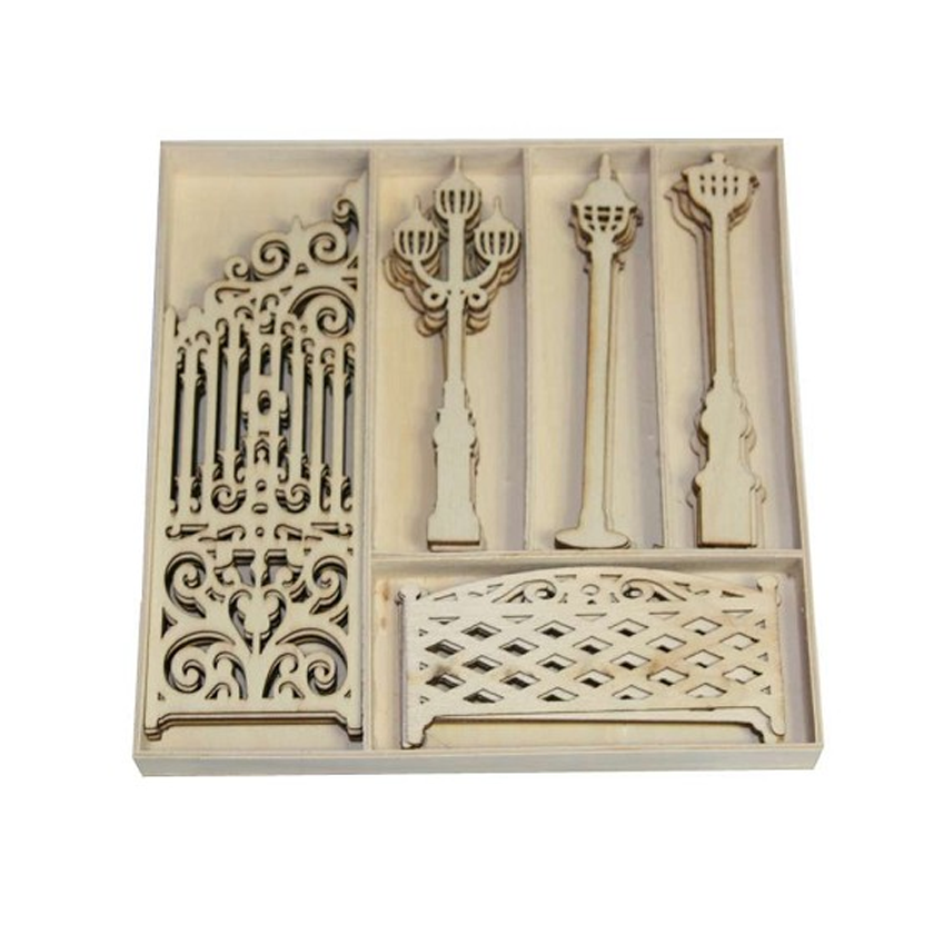 811500-0214, Houten ornamenten, fence, lanterns, jej hobby