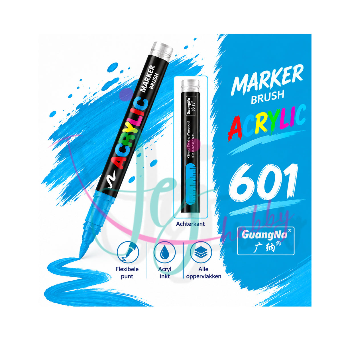 Hemelblauwe GuangNa acrylmarker met flexibele en vervangbare penseelpunt in kleurnummer 601 met transparant inktvenster.