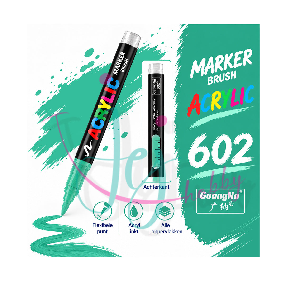 Meergroene GuangNa acrylmarker met flexibele en vervangbare penseelpunt in kleurnummer 602 met transparant inktvenster.