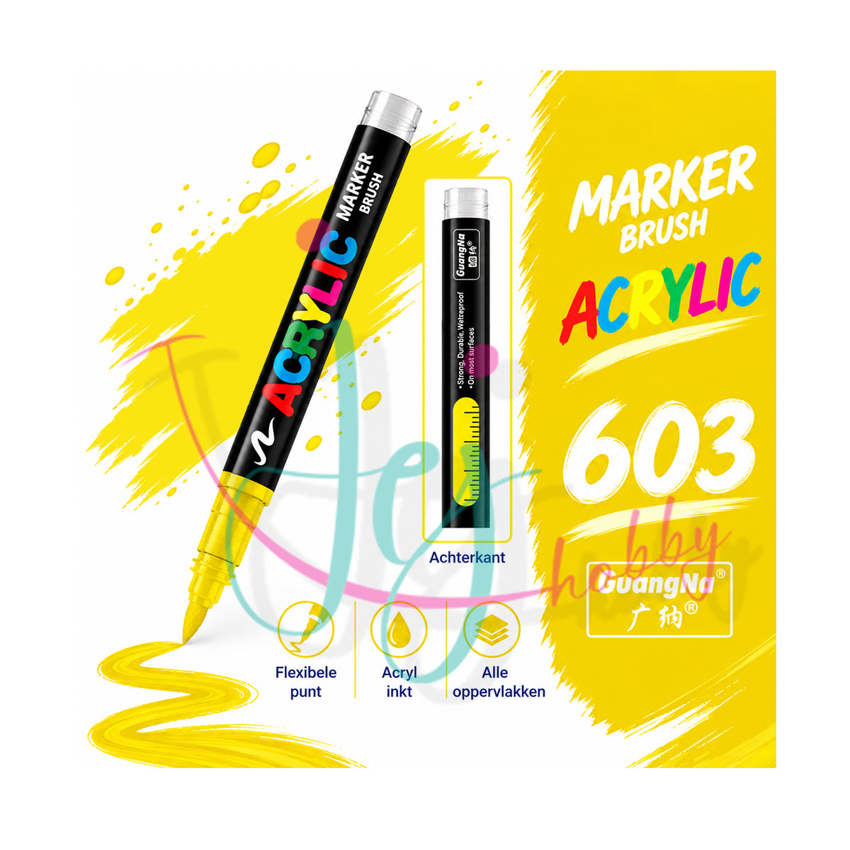 Gele GuangNa acrylmarker met flexibele en vervangbare penseelpunt in kleurnummer 603 met transparant inktvenster.