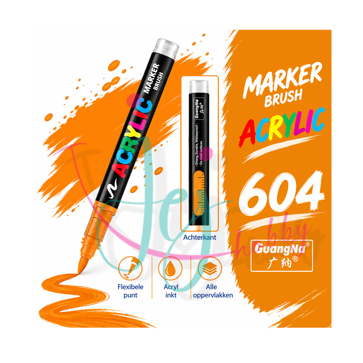 Oranje GuangNa acrylmarker met flexibele en vervangbare penseelpunt in kleurnummer 604 met transparant inktvenster.