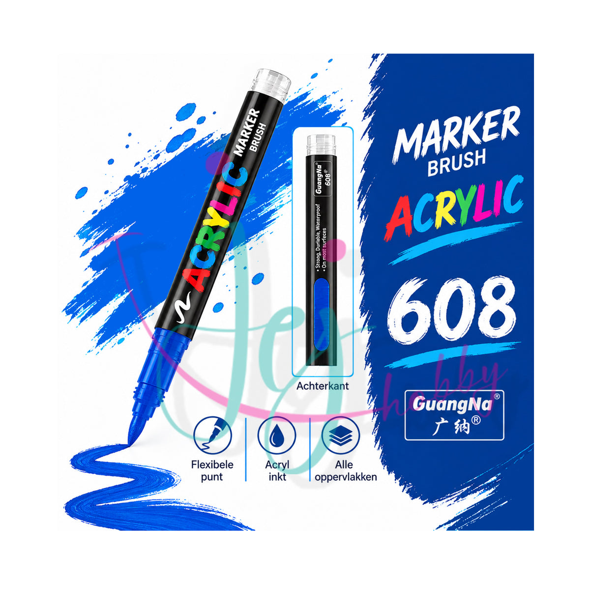 Koningsblauwe GuangNa acrylmarker met flexibele en vervangbare penseelpunt in kleurnummer 608 met transparant inktvenster.