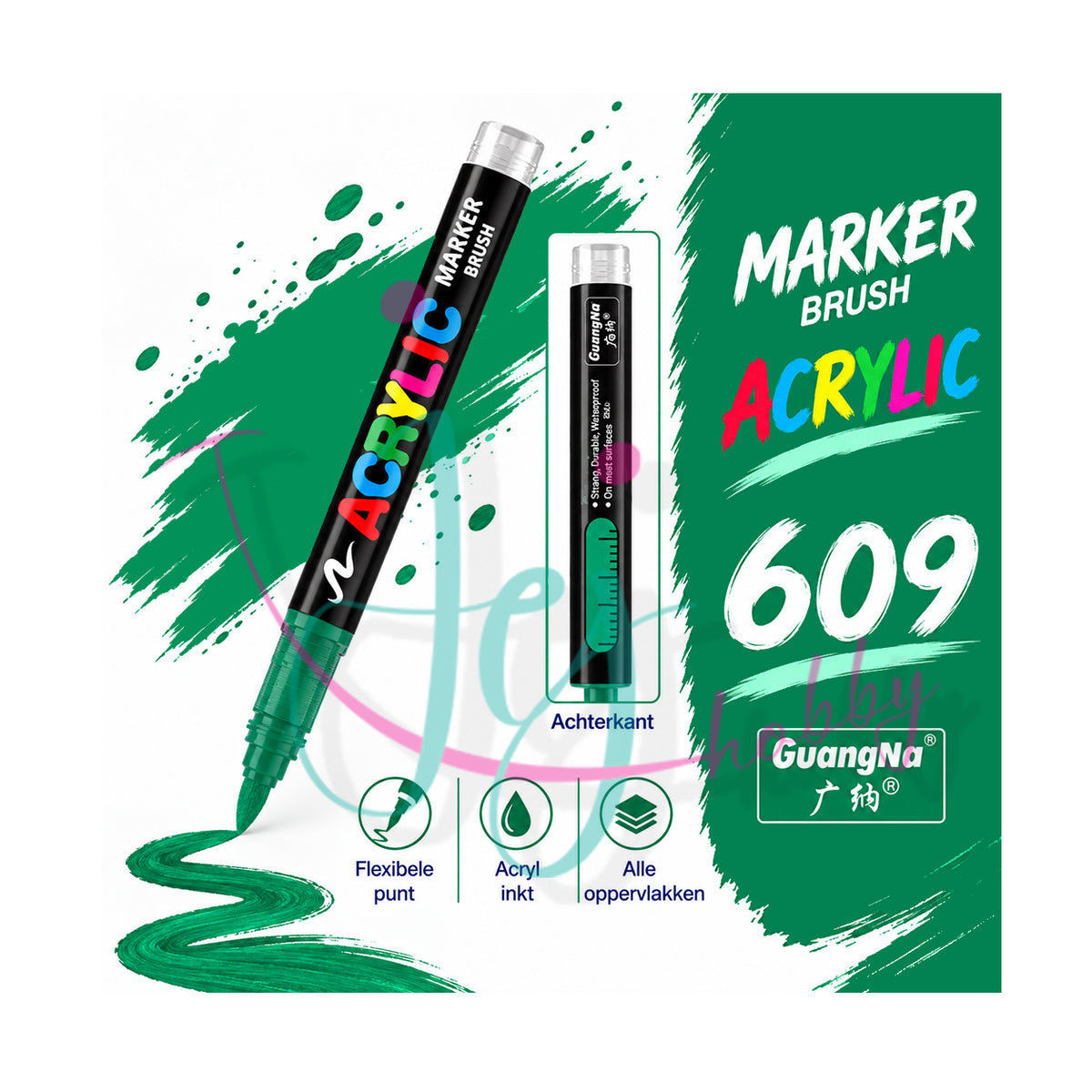 Groene GuangNa acrylmarker met flexibele en vervangbare penseelpunt in kleurnummer 609 met transparant inktvenster.