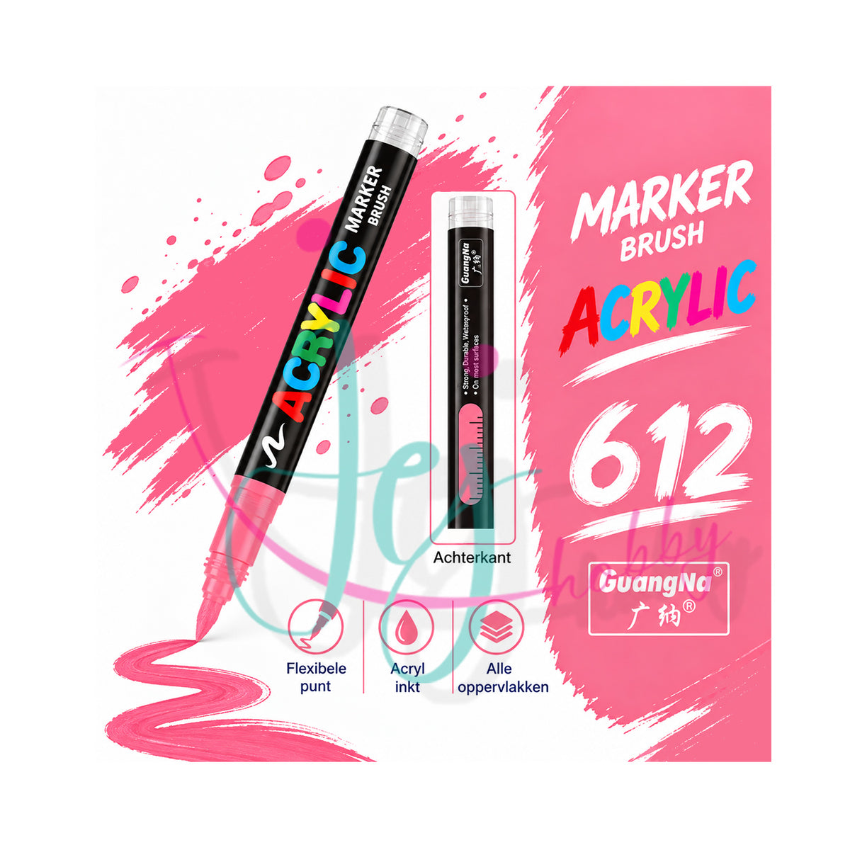 Roze GuangNa acrylmarker met flexibele en vervangbare penseelpunt in kleurnummer 612 met transparant inktvenster.