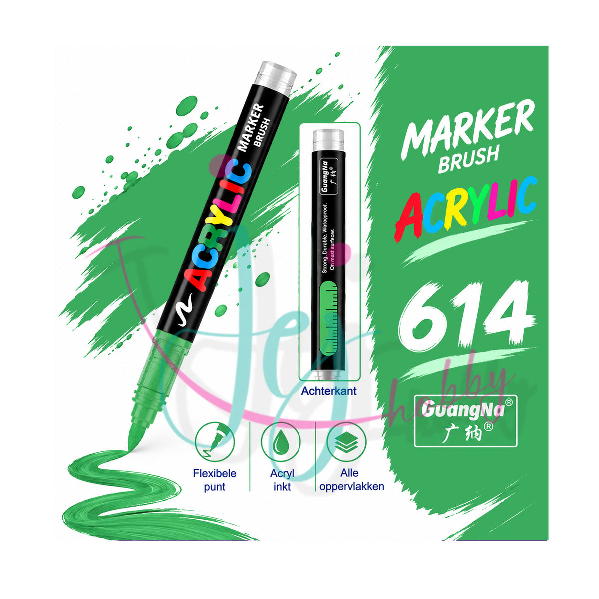 Smaragdgroene GuangNa acrylmarker met flexibele en vervangbare penseelpunt in kleurnummer 614 met transparant inktvenster.