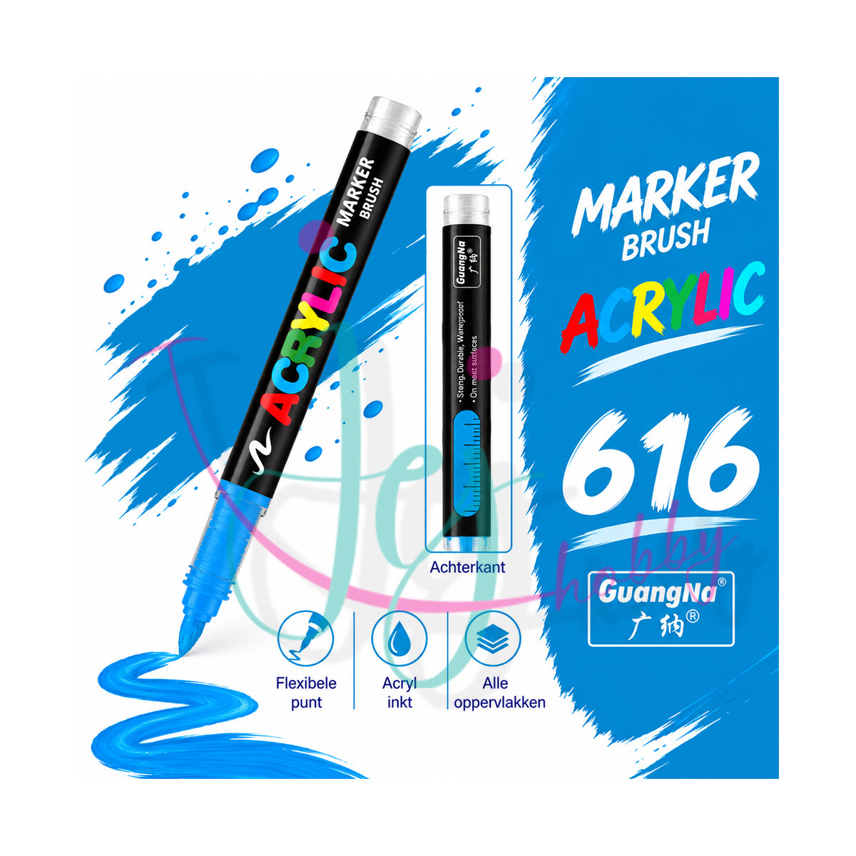 Stralend blauwe GuangNa acrylmarker met flexibele en vervangbare penseelpunt in kleurnummer 616 met transparant inktvenster.