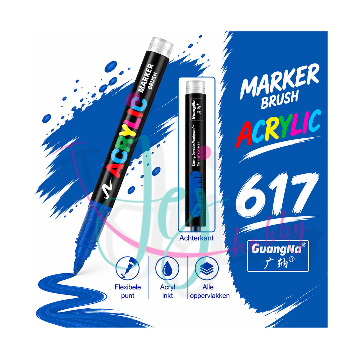 Inktblauwe GuangNa acrylmarker met flexibele en vervangbare penseelpunt in kleurnummer 617 met transparant inktvenster