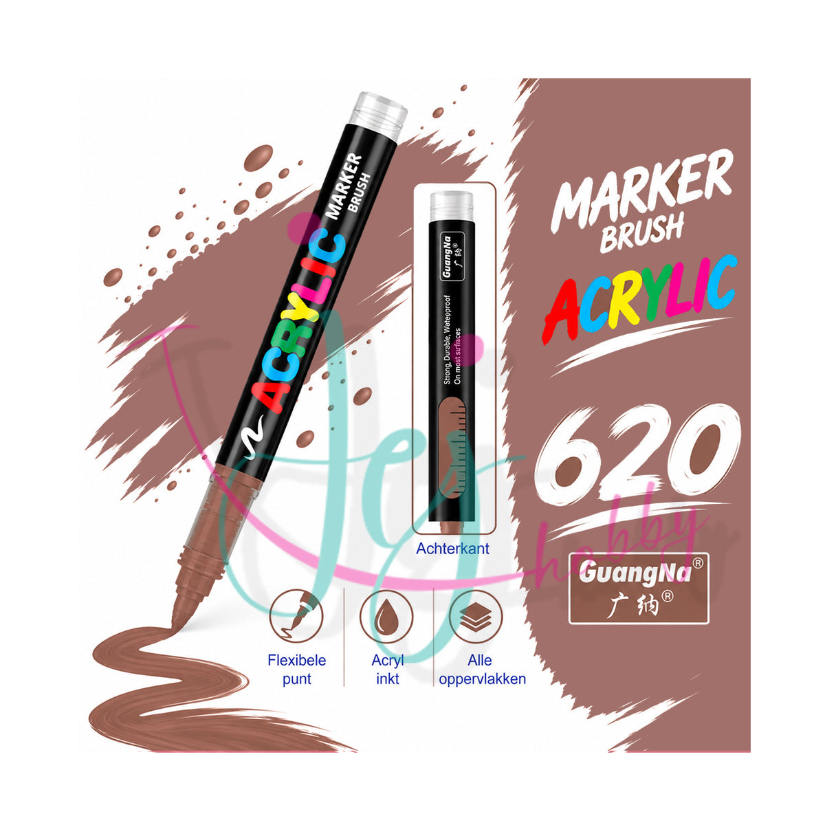 Koffiebruine GuangNa acrylmarker met flexibele en vervangbare penseelpunt in kleurnummer 620 met transparant inktvenster.