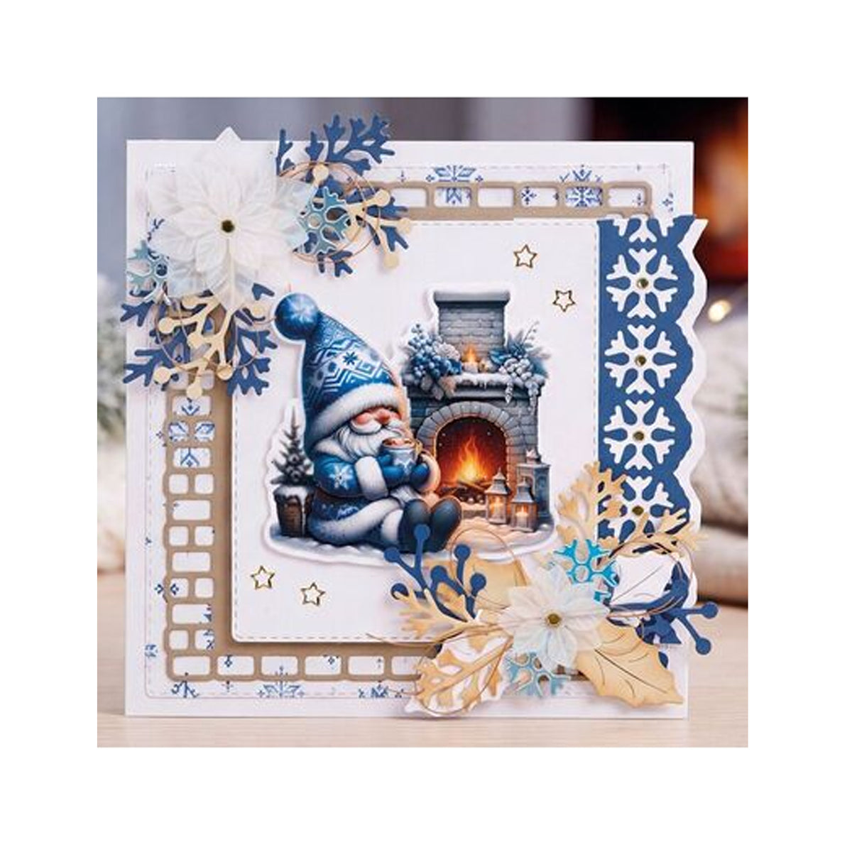 Berrie's Beauties Winter Gnome Wonders Fireside Brick Frame snijmallenset (BBD10142) van Find It Trading met een baksteenkader, stiksteeklijnen, vlammen, houtblokken en haardhekj