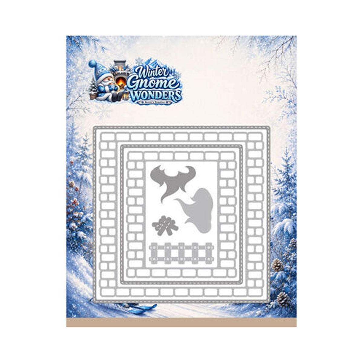 Berrie's Beauties Winter Gnome Wonders Fireside Brick Frame snijmallenset (BBD10142) van Find It Trading met een baksteenkader, stiksteeklijnen, vlammen, houtblokken en haardhekj