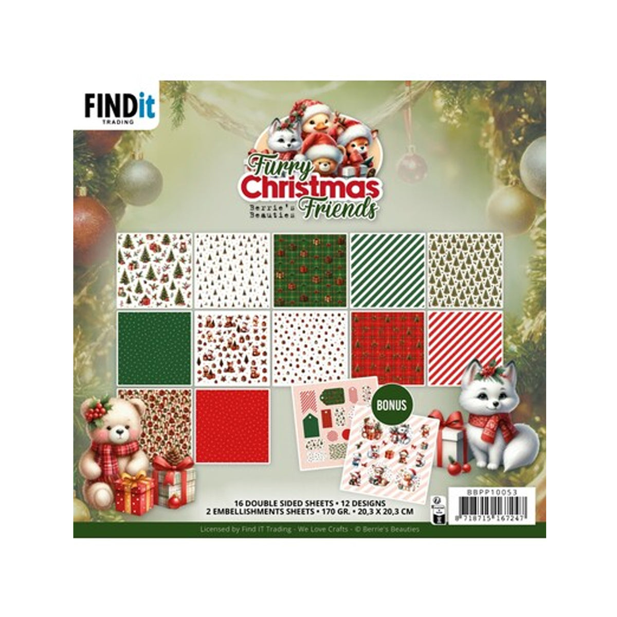 Berrie's Beauties Furry Christmas Friends  paperpack BBPP10053 van Find It Trading met 16 dubbelzijdige vellen en 2 bonus embellishment-vellen vol schattige kerstdiertjes en rode/groene patronen.