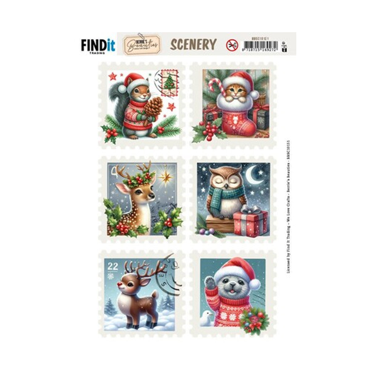 Find It Trading Berrie's Beauties Christmas Stamps 2 Scenery Push-out vel (BBSC10151) met zes gestanste postzegels van winterdieren zoals een eekhoorn, kitten in een kerstsok, hertje, uil en zeehond.
