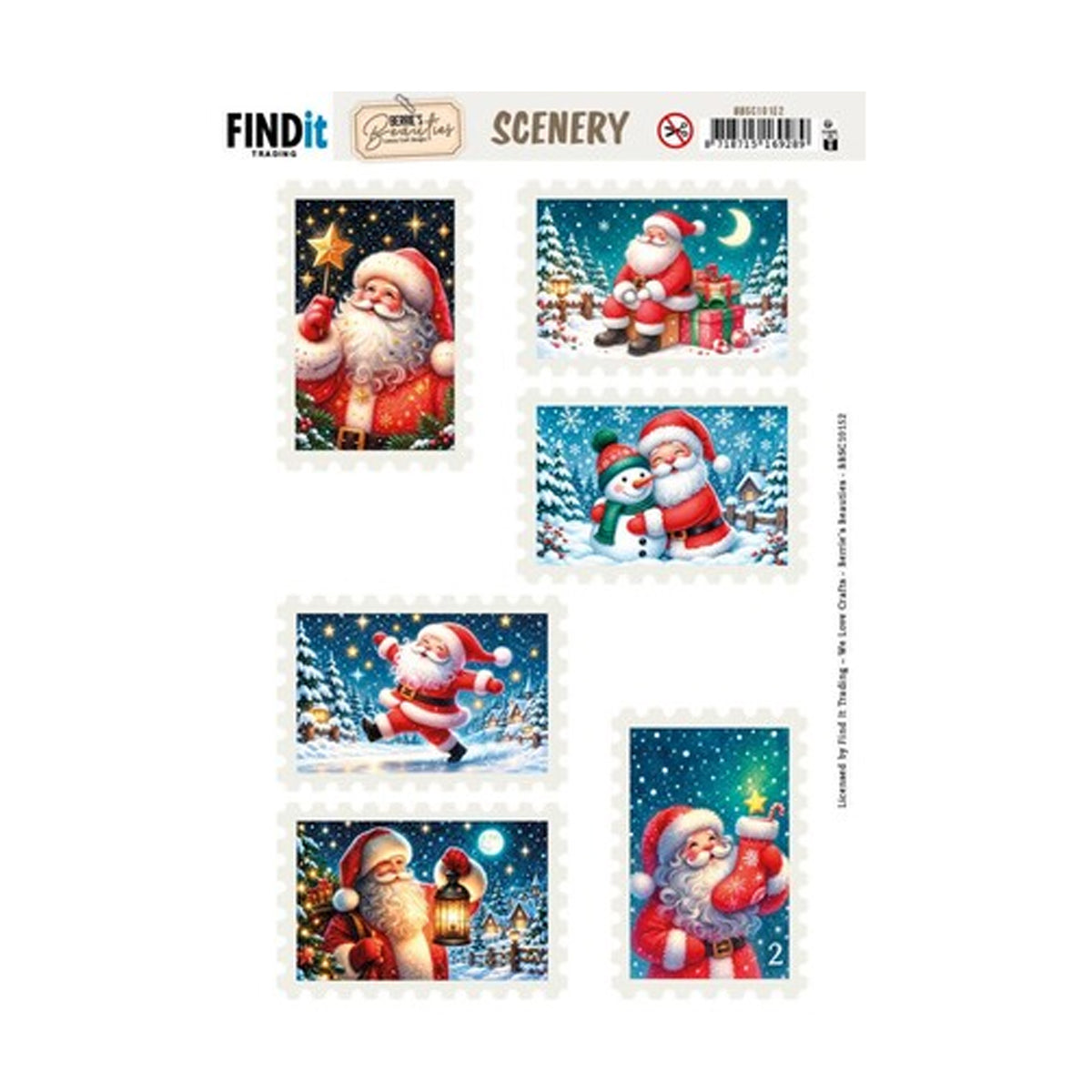 Find It Trading Berrie's Beauties Christmas Stamps 3 Scenery Push-out vel (BBSC10152) met zes gestanste postzegels van de Kerstman in diverse feestelijke en winterse scènes.
