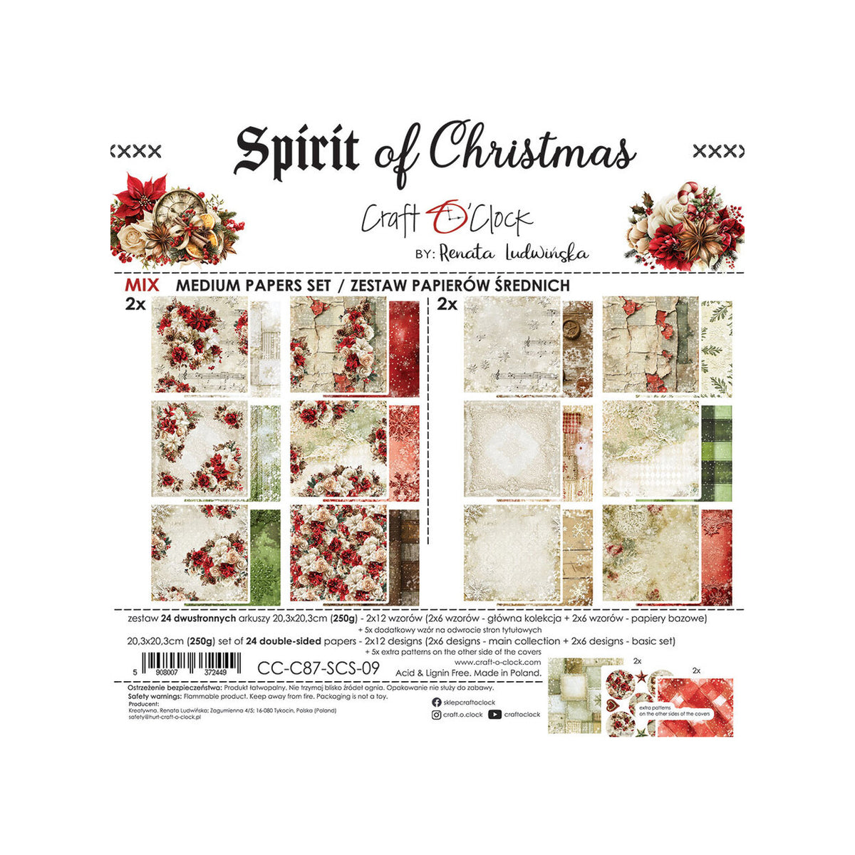 Craft O'Clock Spirit of Christmas Mix Medium Papers Set CC-C87-SCS-09 met 24 dubbelzijdige vellen van 20,3x20,3 cm met klassieke kerstbloemen en houttexturen.