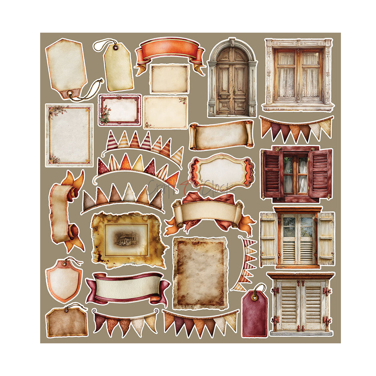Craft O'Clock Shades of Nature Mix Extras Set CC-C88-SON-13 met knipafbeeldingen van barokke schilderijlijsten, vintage dames, harten en boeken op 30,5x31,5 cm papier.