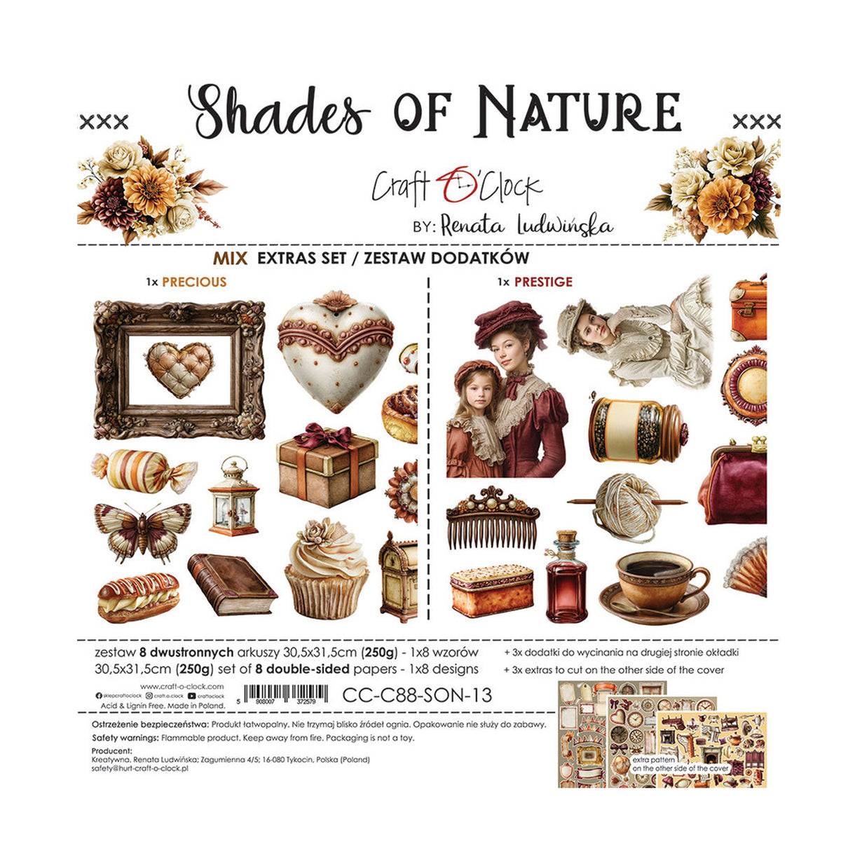 Craft O'Clock Shades of Nature Mix Extras Set CC-C88-SON-13 met knipafbeeldingen van barokke schilderijlijsten, vintage dames, harten en boeken op 30,5x31,5 cm papier.