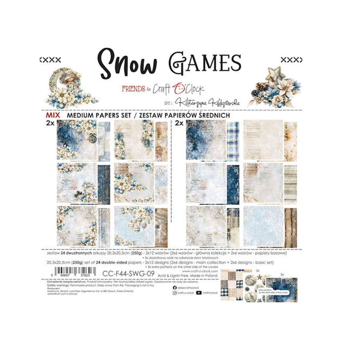 Craft O'Clock Snow Games Mix Medium Papers Set CC-F44-SWG-09 met 24 dubbelzijdige vellen van 20,3x20,3 cm met ijsblauwe winterbloemen en kerstballen.