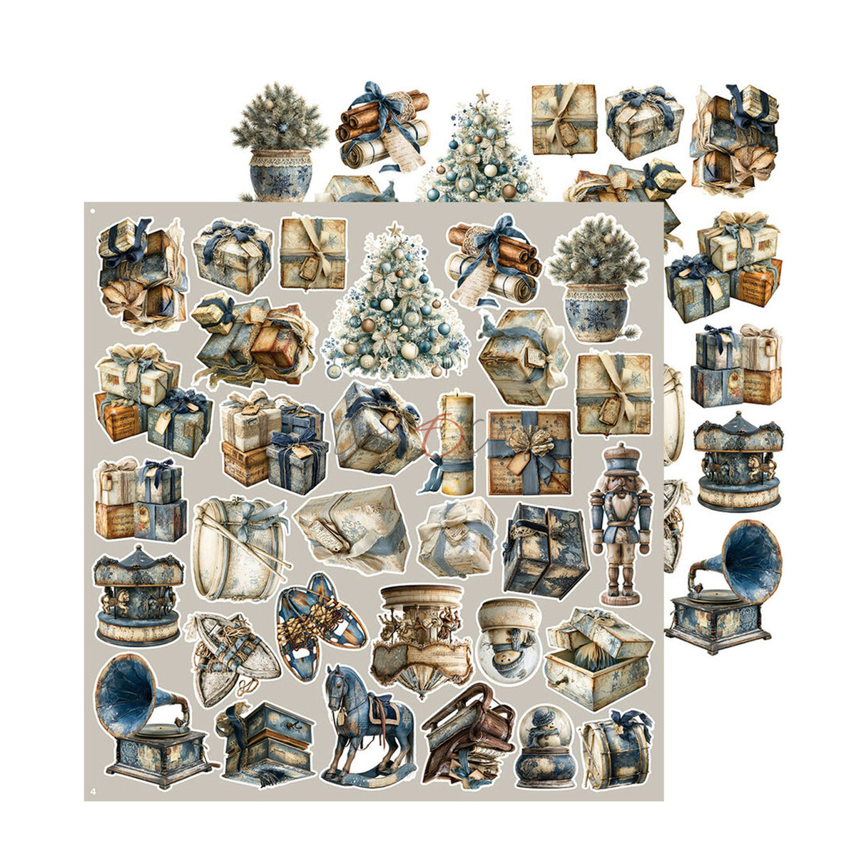 Craft O'Clock Snow Games Festive Extras Set CC-F44-SWG-11 met knipafbeeldingen van ijsblauwe kerstballen, lantaarns, houten huisjes en sleeën op 30,5x31,5 cm papier.