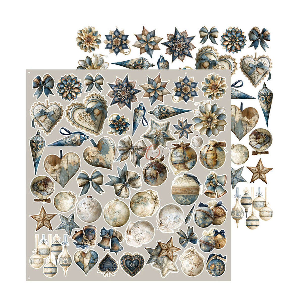 Craft O'Clock Snow Games Festive Extras Set CC-F44-SWG-11 met knipafbeeldingen van ijsblauwe kerstballen, lantaarns, houten huisjes en sleeën op 30,5x31,5 cm papier.