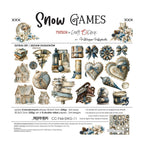 Craft O'Clock Snow Games Festive Extras Set CC-F44-SWG-11 met knipafbeeldingen van ijsblauwe kerstballen, lantaarns, houten huisjes en sleeën op 30,5x31,5 cm papier.