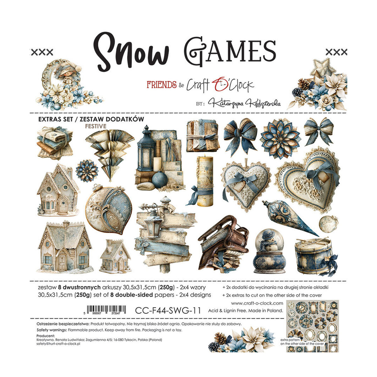 Craft O'Clock Snow Games Festive Extras Set CC-F44-SWG-11 met knipafbeeldingen van ijsblauwe kerstballen, lantaarns, houten huisjes en sleeën op 30,5x31,5 cm papier.