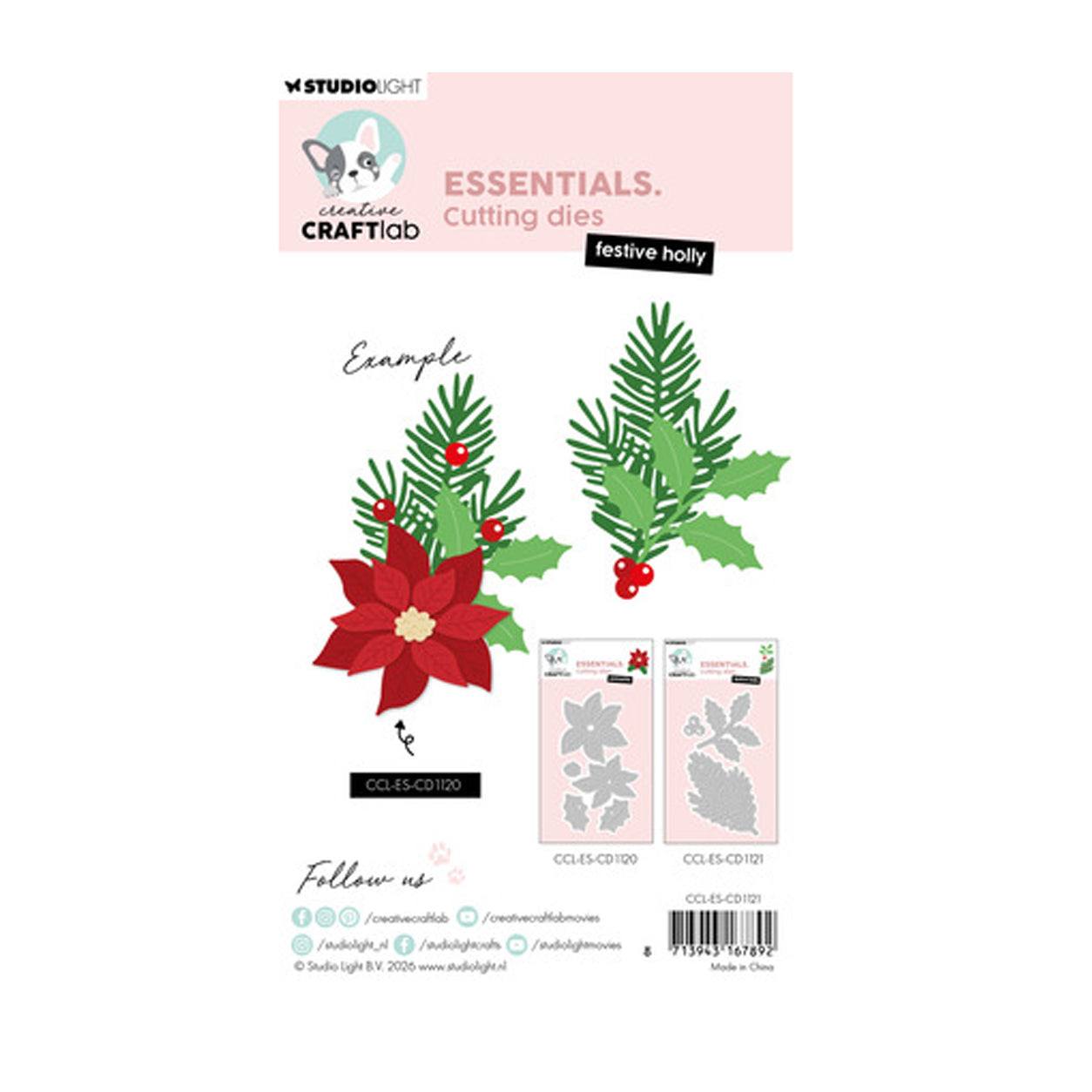Achterkant van de CCL-ES-CD1121 Festive Holly stansmal van creative craftlab Studio Light.