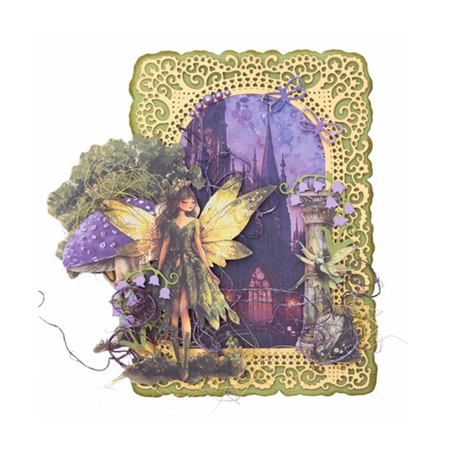 Voorbeeld gemaakt met de CD1103 Hanging bells Enchanted Fairytale stansmal van studio Light. Perfect voor hobby.