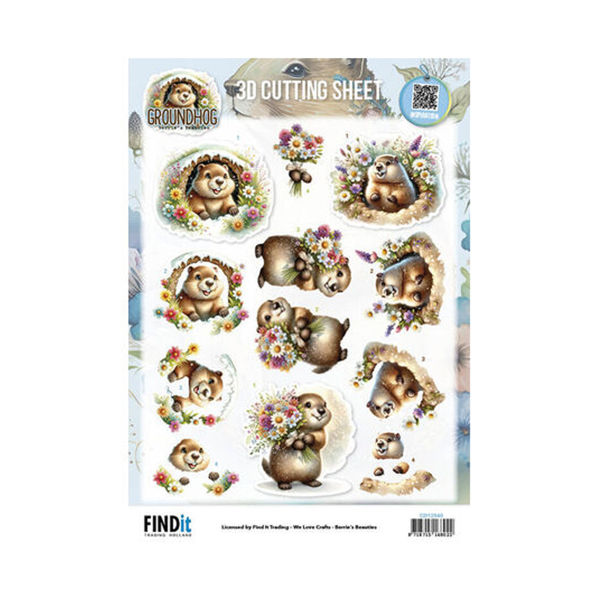 Find It Trading Berrie's Beauties Groundhog 3D-knipvel Spring Moments CD12540 op A4-formaat met afbeeldingen van marmotten omringd door veldbloemen en boeketten.