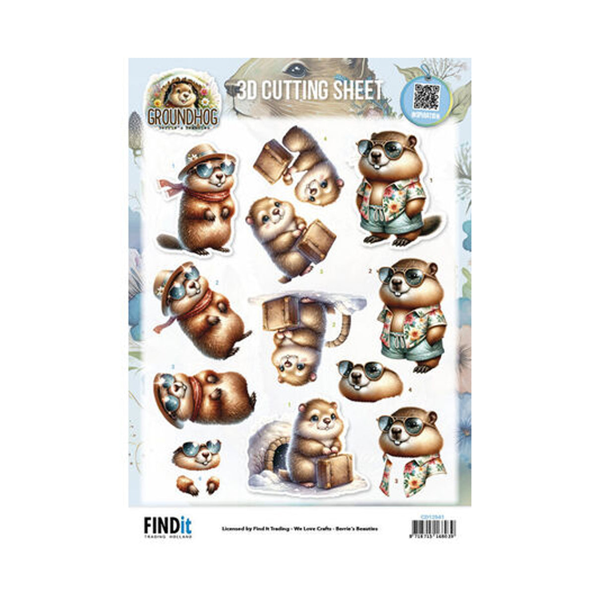 Find It Trading Berrie's Beauties Groundhog 3D-knipvel Holiday Ready CD12541 op A4-formaat met afbeeldingen van marmotten met zonnebrillen, reiskoffers en zomerse outfits.