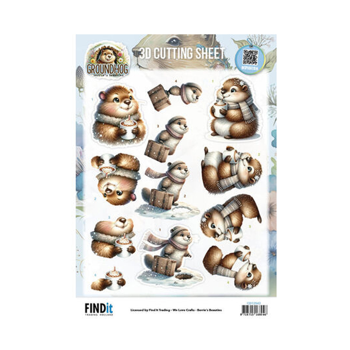 Find It Trading Berrie's Beauties Groundhog 3D-knipvel Winter Bliss CD12542 op A4-formaat met afbeeldingen van marmotten met warme sjaals, mutsen en mokken warme chocolademelk.