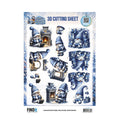 Find It Trading Berrie's Beauties Winter Gnome Wonders 3D-knipvel Winter Comforts (CD12545) op A4-formaat met blauw-witte gnoems bij een knapperend haardvuur en kerstcadeaus.
