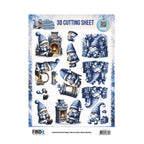 Find It Trading Berrie's Beauties Winter Gnome Wonders 3D-knipvel Winter Comforts (CD12545) op A4-formaat met blauw-witte gnoems bij een knapperend haardvuur en kerstcadeaus.