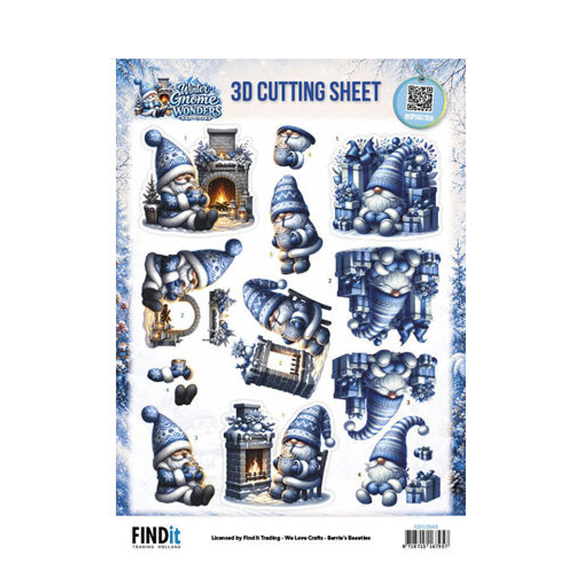 Find It Trading Berrie's Beauties Winter Gnome Wonders 3D-knipvel Winter Comforts (CD12545) op A4-formaat met blauw-witte gnoems bij een knapperend haardvuur en kerstcadeaus.