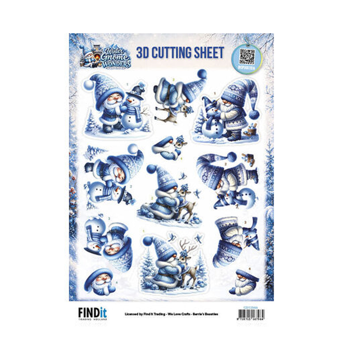 Find It Trading Berrie's Beauties Winter Gnome Wonders 3D-knipvel Frosty Friends (CD12546) op A4-formaat met blauw-witte gnoems, sneeuwpoppen en hertjes in de sneeuw.