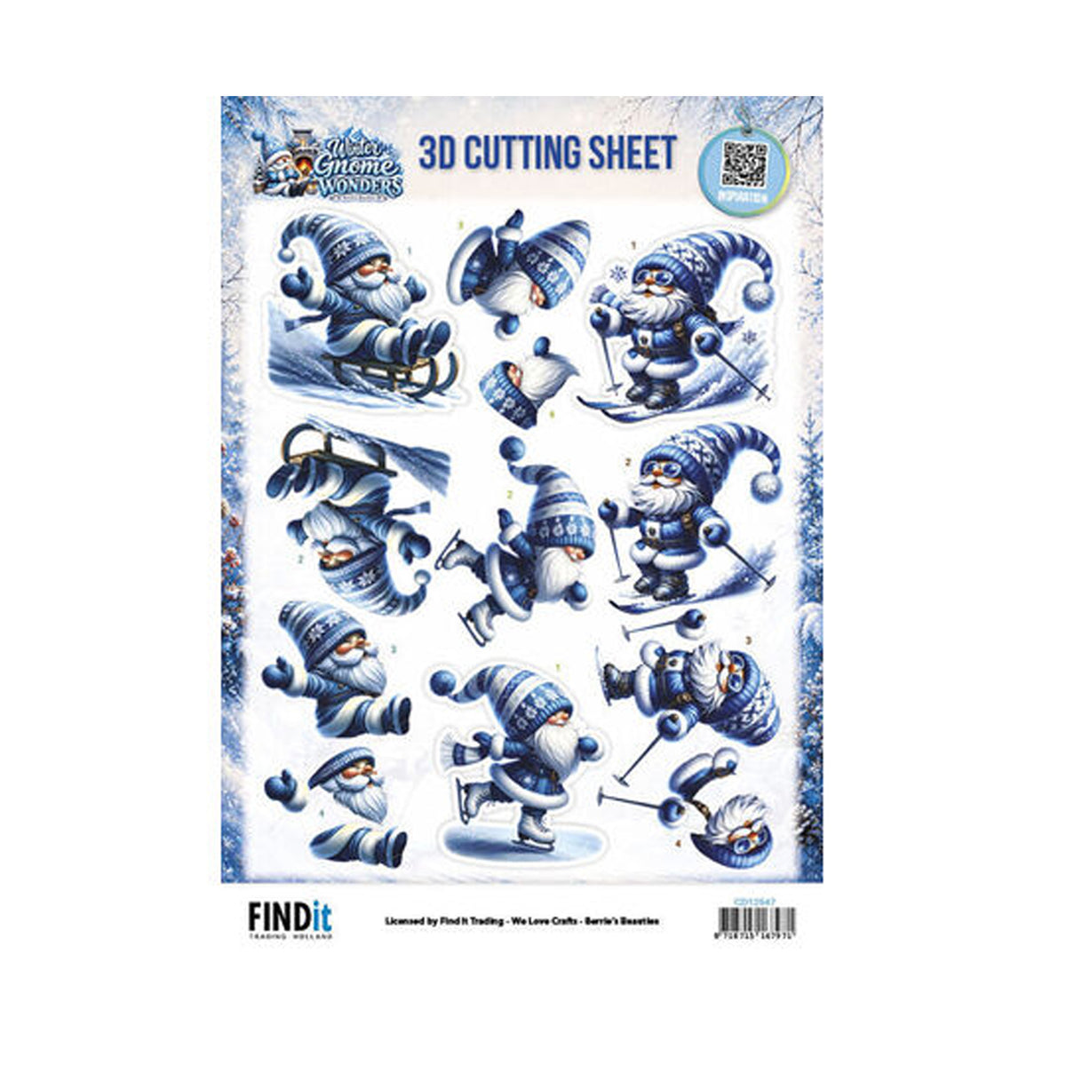 Find It Trading Berrie's Beauties Winter Gnome Wonders 3D-knipvel Winter Fun (CD12547) op A4-formaat met ijsblauwe gnoems die skiën, schaatsen en sleeën in de sneeuw.