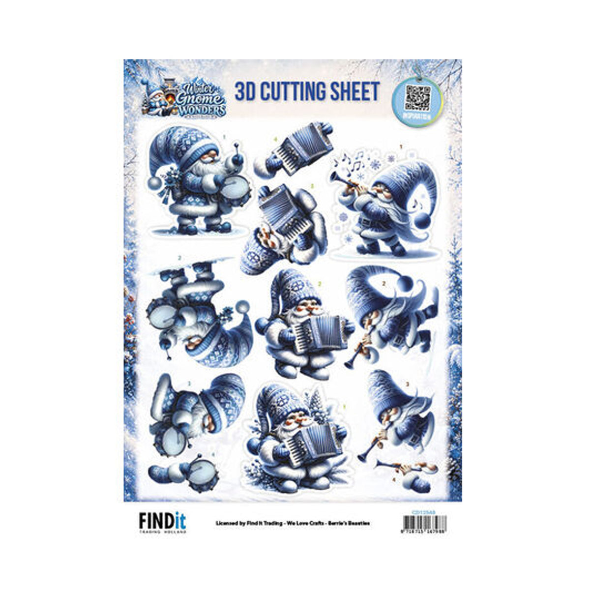 Find It Trading Berrie's Beauties Winter Gnome Wonders 3D-knipvel Frozen Harmonies (CD12548) op A4-formaat met ijsblauwe gnoems die trommel, accordeon en fluit spelen.