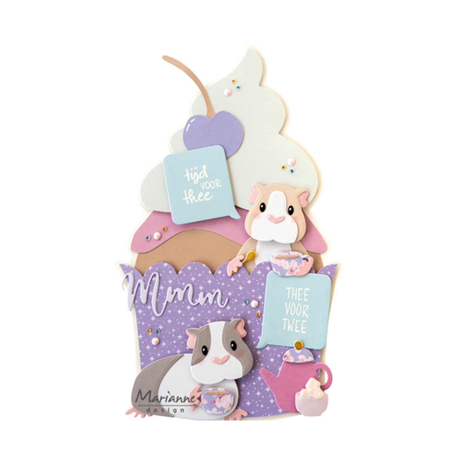 Dit is een voorbeeldkaart gemaakt met de PS8194 Cape cake by Marleen, COL1587 Tea set by Marleen de col1589 Eline's Guinea Pig en de CS1191 thee voor twee van Marianne Design