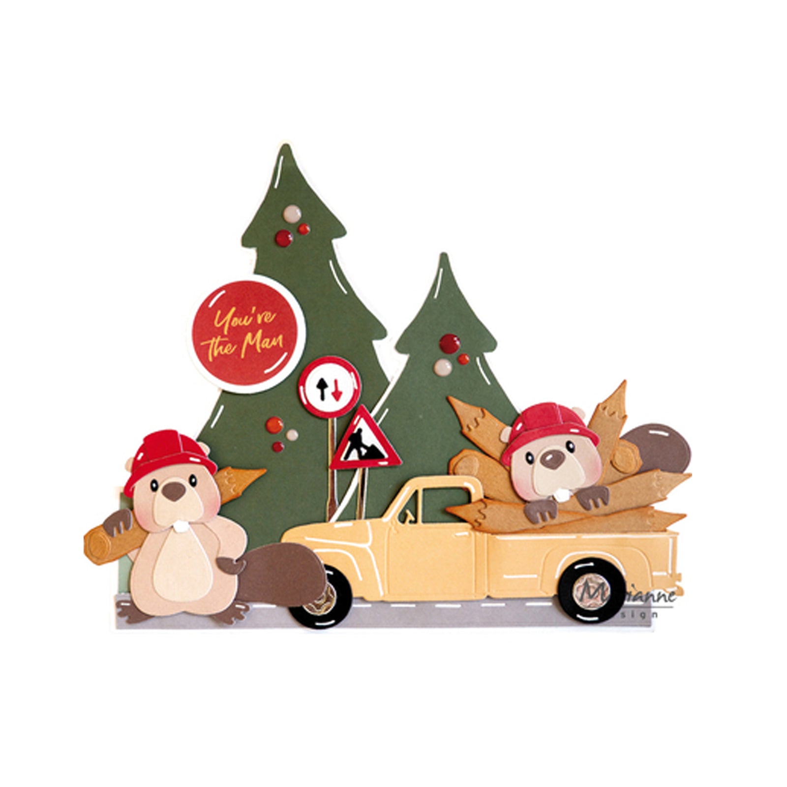 Dit is een voorbeeldkaart gemaakt met de COL1590 Eline's animals Bever collectable en de LR0958 Truck van Marianne Design. 