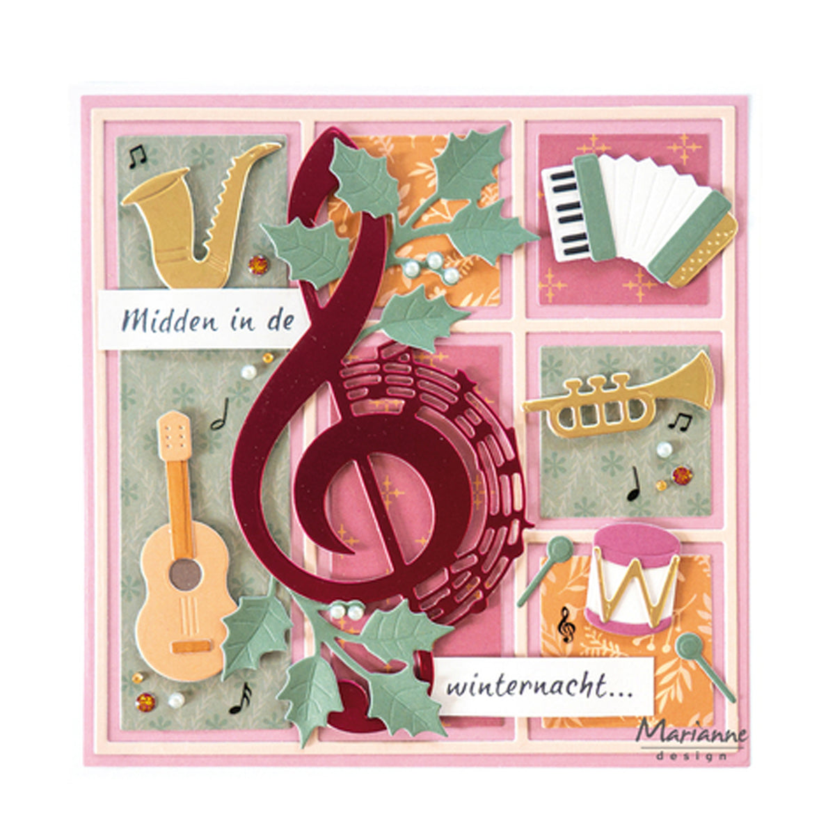 Voorbeeld gemaakt met de Marianne Design Collectables COL1595 Music instruments by Marleen en Marianne Design Craftables CR1743 Music Treble Stansmal