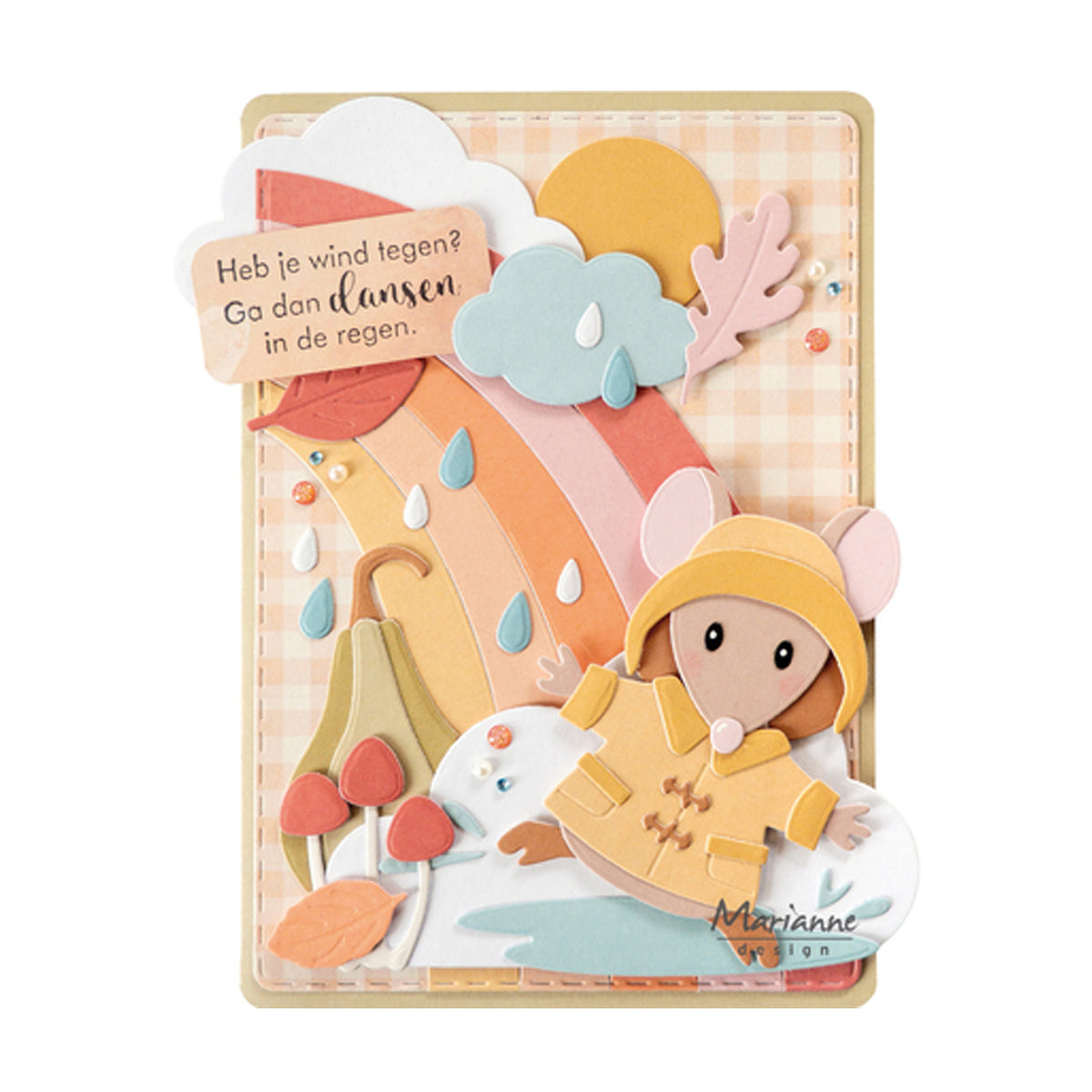 Voorbeeld met Marianne Design Collectables COL1597 Rain Accessories by Marleen en Creatables LR0981 Clouds en LR0982 rainbow beam.
