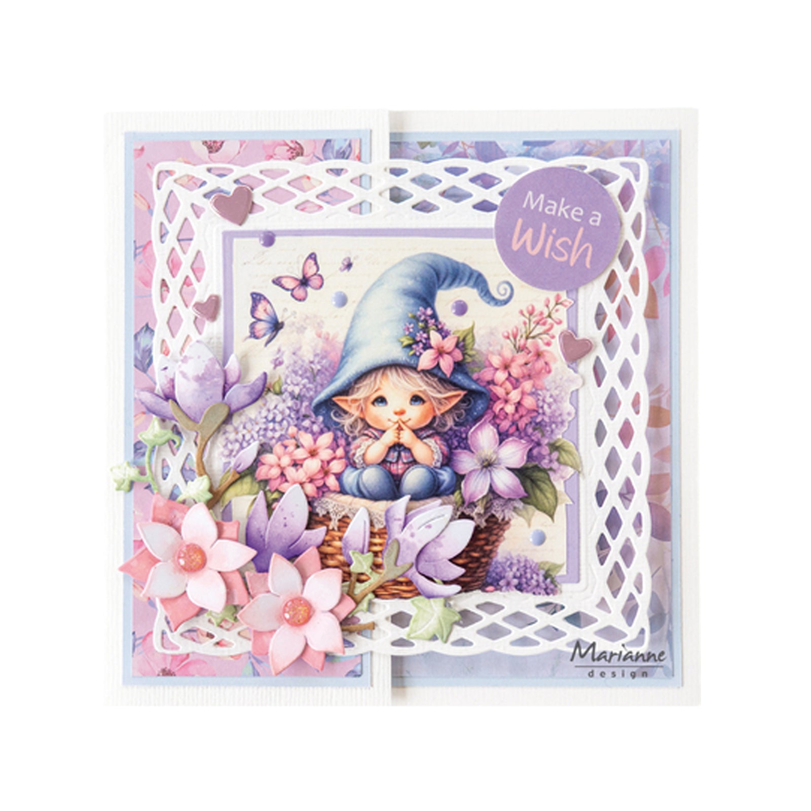 Dit is een voorbeeldkaart gemaakt met knipvel FB2511 Magical Garden by Fairybells en de Lr0950 star flower en de LR0951 Magnolia, lr0954 Wicker square set van Marianne Design. 
