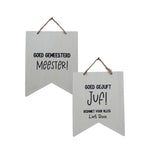 Houten vlag met tekst goed gejuft juf of goed gemeesterd meester. ook te personaliseren. Jej hobby
