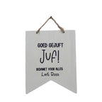 Houten vlag met tekst goed gejuft juf of goed gemeesterd meester. ook te personaliseren. Jej hobby
