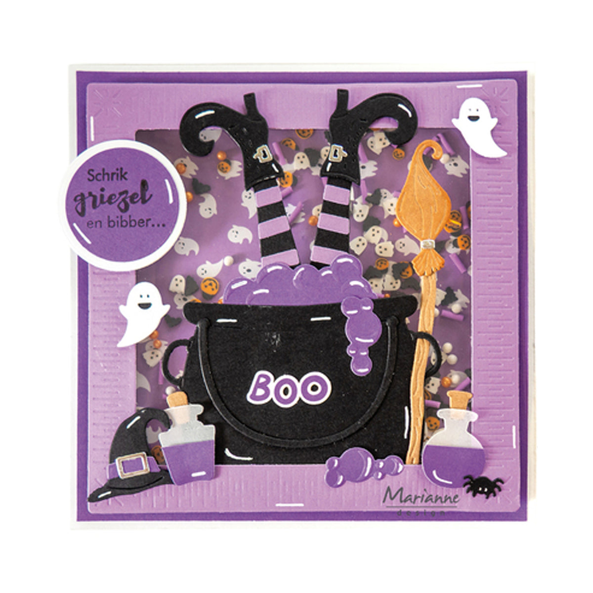 Voorbeeldkaart Halloween met Marianne Design LR0979 heksenbenen ondersteboven in de heksenketel