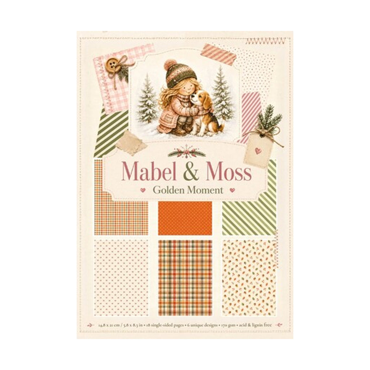 Mabel & Moss Golden Moment A5-paperpack MMPP10002 met 18 enkelzijdige vellen in warme oranje, groene en crèmetinten met ruiten, strikjes en bladeren.