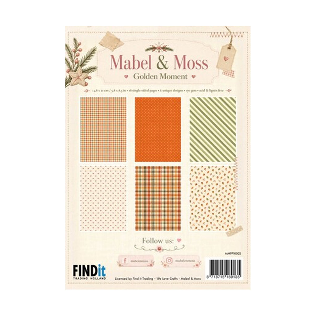 Mabel & Moss Golden Moment A5-paperpack MMPP10002 met 18 enkelzijdige vellen in warme oranje, groene en crèmetinten met ruiten, strikjes en bladeren.