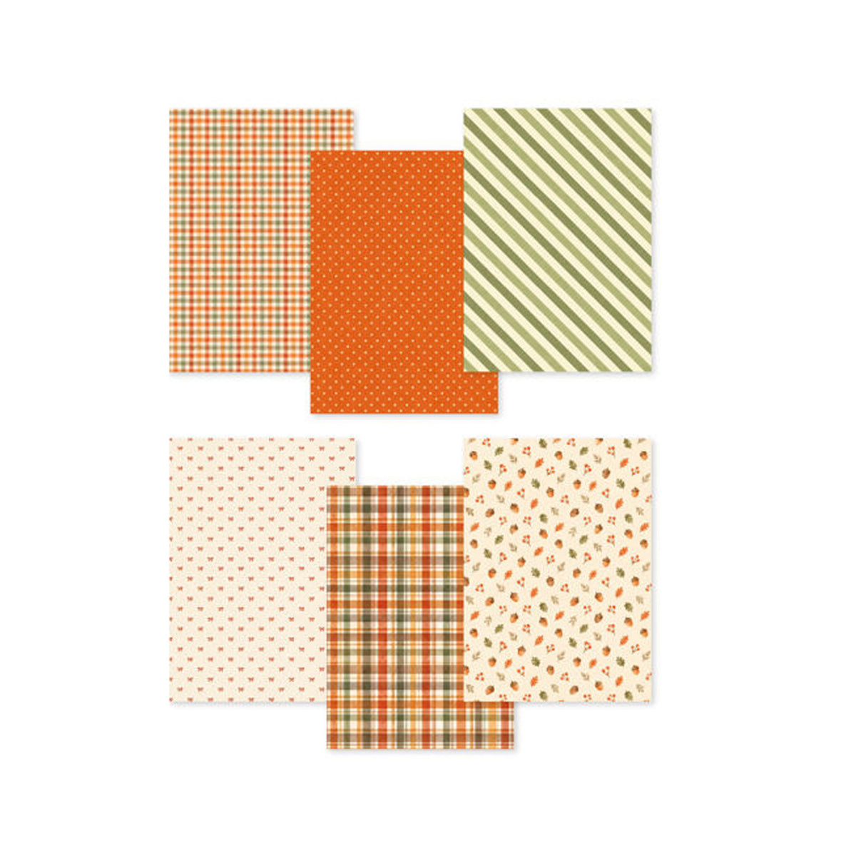 Mabel & Moss Golden Moment A5-paperpack MMPP10002 met 18 enkelzijdige vellen in warme oranje, groene en crèmetinten met ruiten, strikjes en bladeren.