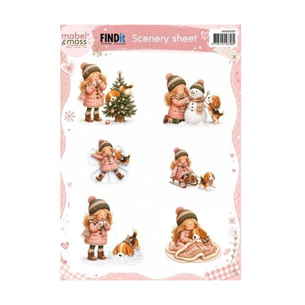 Mabel & Moss Scenery Sheet Winterfiguren MMSB10001 uitdrukvel met geïllustreerde winterse figuren, hondjes en sneeuwpoppen voor het maken van 3D kerstkaarten.