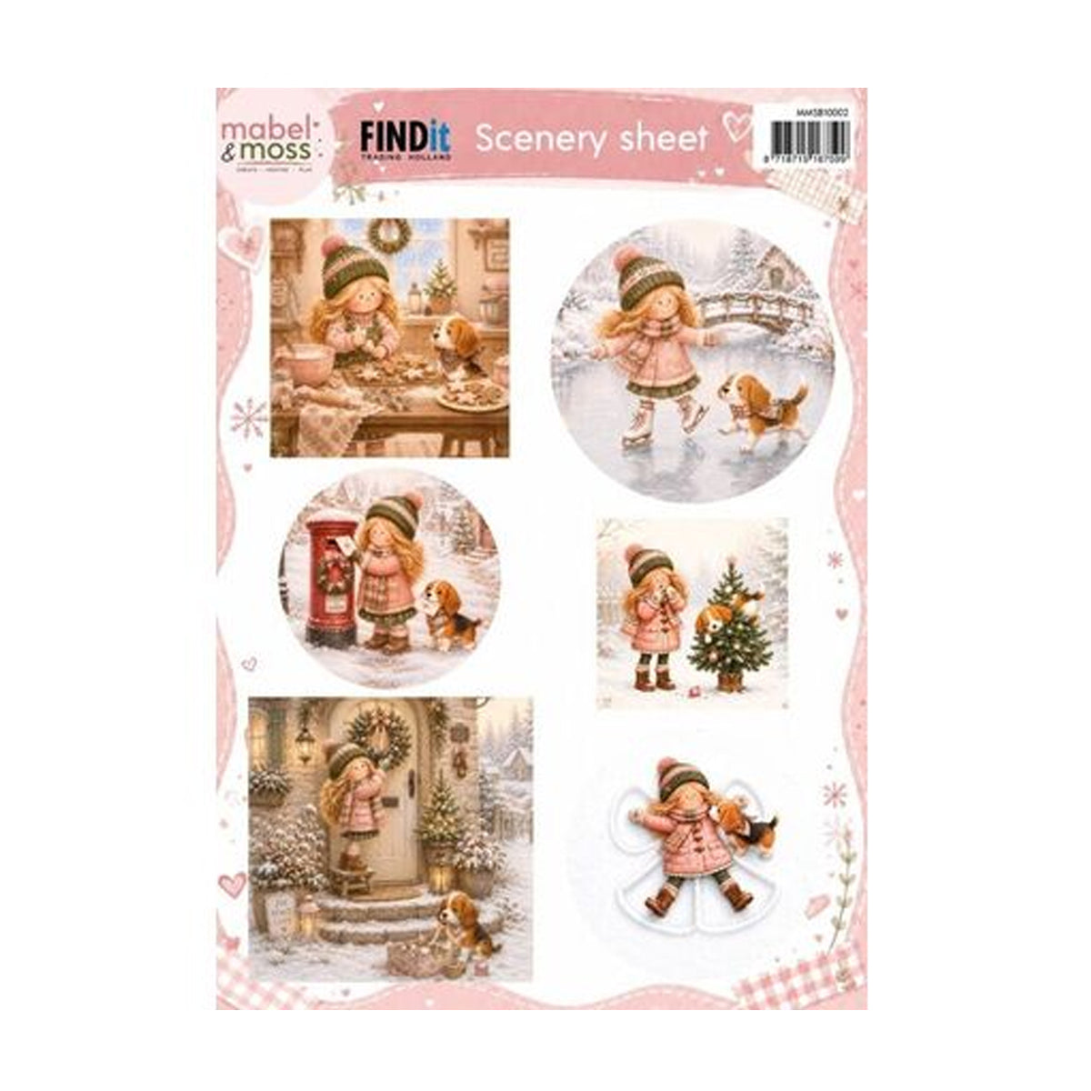 Mabel & Moss Scenery Sheet Winterscènes MMSB10002 uitdrukvel met ronde en vierkante afbeeldingen van schaatsen, koekjes bakken en winterse taferelen voor kaarten maken.